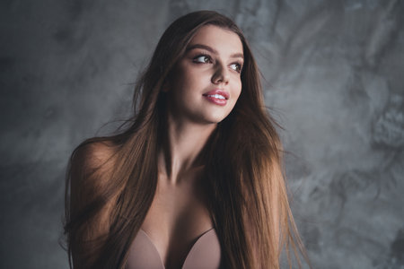 Young woman with long blond hair posing indoors in sensual lingerie against a grey background, confidence and beauty in natural daylightの写真素材