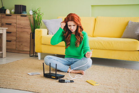 Full size photo of pretty young woman ponder connect wifi router weekend green interior apartment...