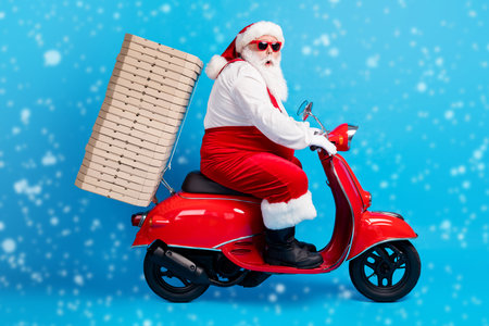 Full size profile side photo of stylish modern santa claus with big belly grey beard drive scooter deliver x-mas christmas pile stack pizza wear red costume isolated over blue color backgroundの写真素材