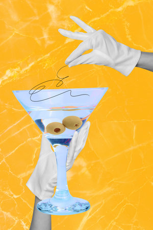 Vertical photo collage of hands wear gloves hold martini glass olive beverage toast event celebration isolated on painted backgroundの写真素材