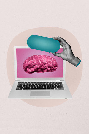 Vertical photo collage of hands hold bubble icon notification brain app software laptop screen technology ai isolated on painted backgroundの写真素材