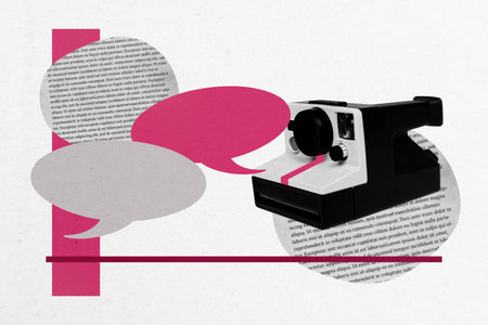 Composite photo collage of retro camera instant device bubble communication paparazzi tool shooting isolated on painted backgroundの写真素材