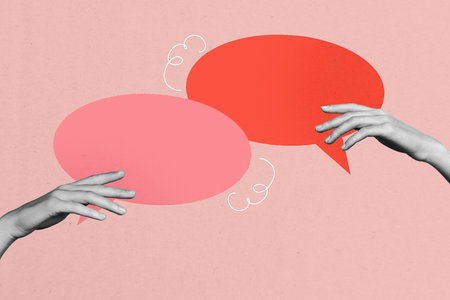 Trendy art photo collage of colorful bubble communication cloud phrase two hands speech dialogue chatting isolated on pink colorの写真素材