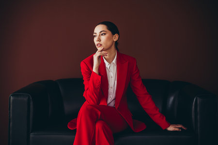 Confident Businesswoman in Stylish Red Suit Sitting on Black Sofa with Elegant Postureの写真素材