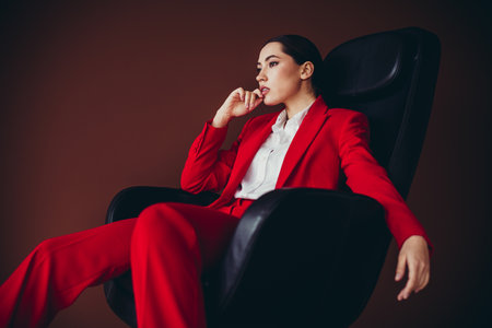 Stunning Confident Businesswoman in Red Suit Reclining on Chair with Stylish Poseの写真素材