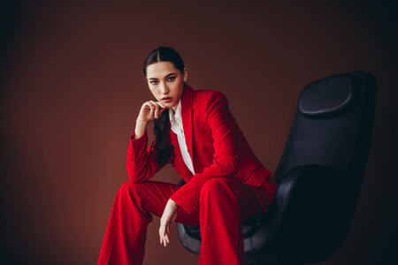 Attractive Elegant Woman in Red Business Suit Seated Confidently Against a Brown Backgroundの写真素材