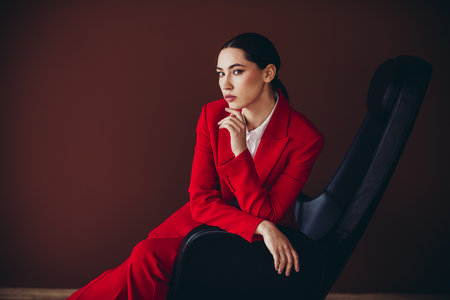 Confident Businesswoman in Red Suit Sitting Elegantly on Black Chairの写真素材