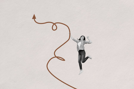 Pop surreal collage of person win hold waving arrows up on pastel color backgroundの写真素材