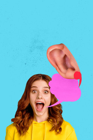 Image poster collage of person shocked with speech bubble and ear on blue color background