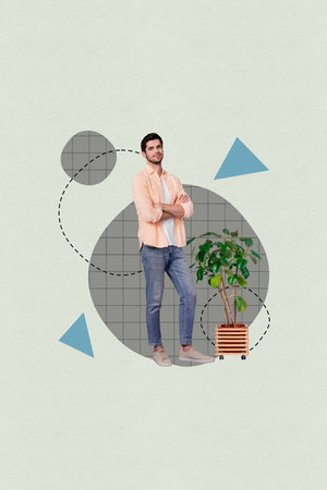 Vertical photo collage of happy businessman flower pot office development geometric figure progressの写真素材