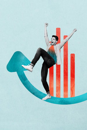 Poster trend collage of person stand win arrows with charts graphs on blue background