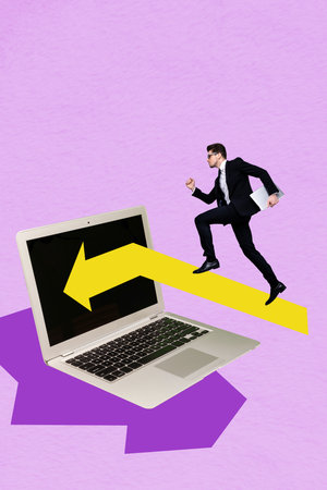 Composite artwork photo collage template sketch of arrow point laptop display young businessman walk success trade stats charts goalの写真素材