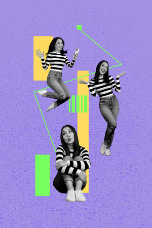 Sketch vertical art collage of happy partners girl guy freelancer receive chart development...