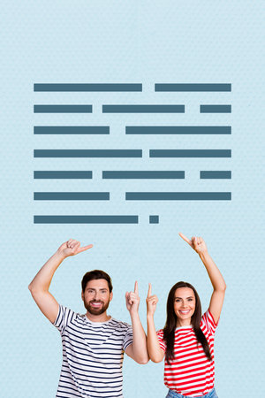 Poster trend sketch template 3D collage of text speech box cloud dialogue couple boyfriend girlfriend smile hand gesture finger point upの写真素材