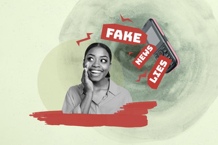 Creative collage of person speak stand near phone with fake news notification on green backgroundの写真素材