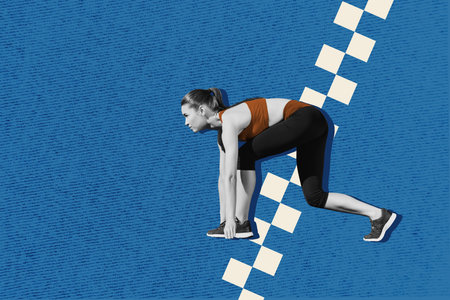 3D collage design trend artwork sketch of young sportswoman runner pose activity dynamic fit warmup motivation healthcare athlete fitnessの写真素材