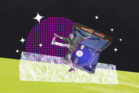 Zine image 3d poster art collage of happy man dance retro player celebration holiday vinyl disk vintage occasion relax weekendの写真素材