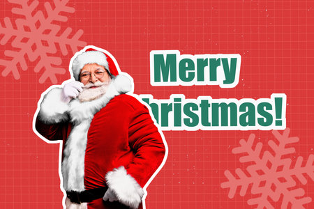 Banner 3d full art image collage of happy old man santa claus show gray-haired mustache merry christmas celebration winter snowflakesの写真素材