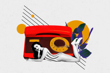 Artwork sketch banner full 3d collage of happy girl lay telephone handset telemarketing communication speech wear swimsuitの写真素材