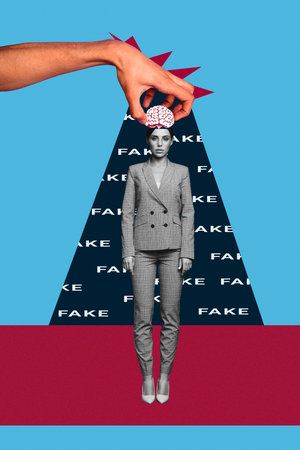 3d sketch pop image banner collage of human hand hold brain manipulation puppet girl fake news propaganda lie spread broadcastの写真素材