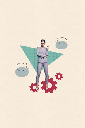 Pop vertical photo collage of happy businesswoman businessman stand gearwheel progress statistics bubble speech developmentの写真素材