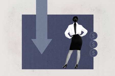 Collage of shocked young woman man reacting to financial loss with dollar signs and broken downward arrowの写真素材