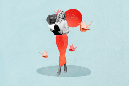 Banner trend collage of person stand checklist with light bulb origami on blue backgroundの写真素材