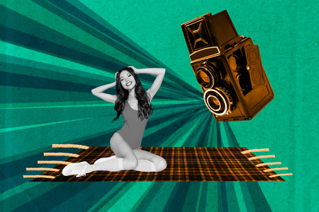Exclusive magazine picture sketch collage image of happy girl pose retro camera cadre shooting paparazzi photo-zone vintageの写真素材