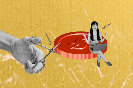 Sketch photo collage trend artwork of huge hand hold scissors cut coin young lady sit work laptop salary wealth finance currency savingsの写真素材