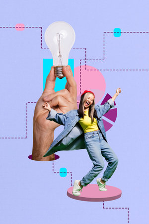 Poster image sketch pop vertical collage of happy businesswoman stand diagram statistics progress light bulb idea findingの写真素材
