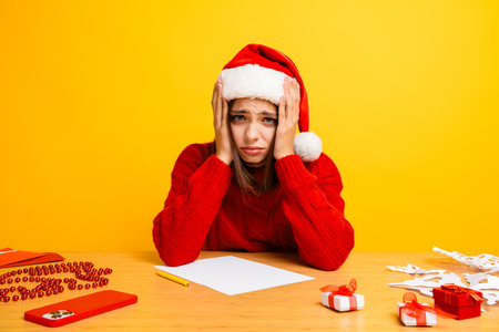Funny santa helper girl in red sweater sits at a desk with christmas decorations gifts and paper showing holiday stress and festive moodの写真素材