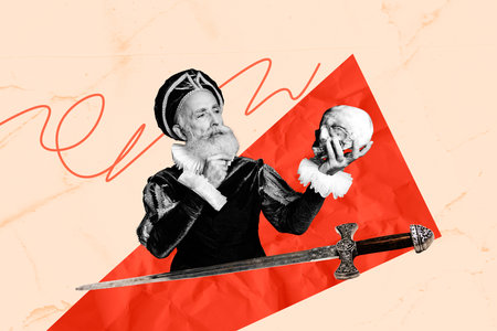 Composite sketch design trend artwork collage of knight sword medieval vintage fashion outfit aged...