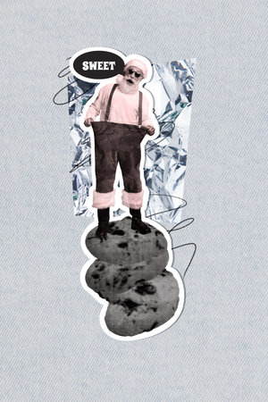 3d image art pop trend collage of excited old man santa claus hold pans cookie stack sweet dessert merry christmas treat traditionの写真素材