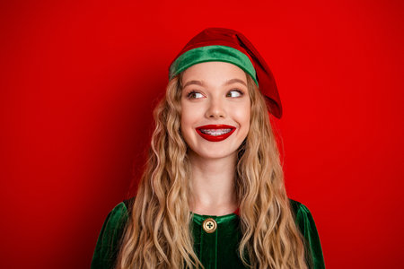 Cheerful young female dressed as festive elf in vibrant holiday outfit with red hat and green costume on a red backdropの写真素材