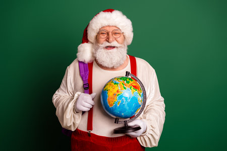 Santa with a globe in a festive costume smiles on a green background ready for Christmas travel and global celebrationの写真素材