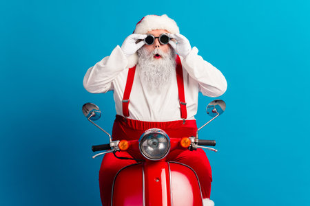 Santa on a red scooter with binoculars on a bright blue background exudes playful Christmas spirit and festive family fun for the holiday seasonの写真素材