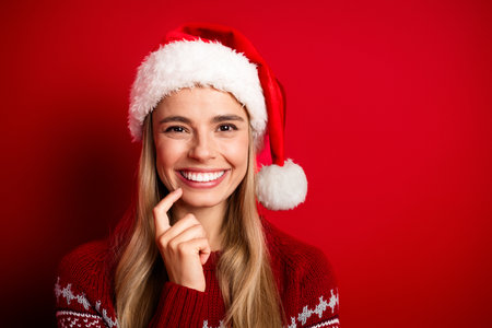 Funny festive portrait of a young woman in a red sweater with a Santa hat smiling brightly for Christmas season celebrationの写真素材