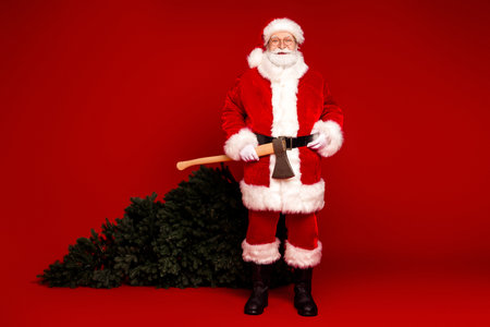 Santa with axe beside a fallen Christmas tree in a bright red studio ready for holiday celebration and festive shopping seasonの写真素材