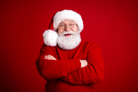 Santa Claus in a cozy red sweater smiles confidently with arms crossed against a bold red background for a festive Christmas themed stock imageの写真素材