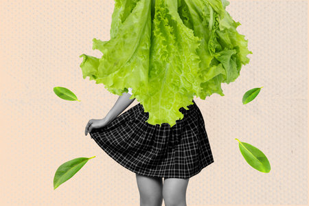 Collage of a woman with lettuce for a head symbolizing dieting, body image, and healthy lifestyle in surreal visual conceptの写真素材