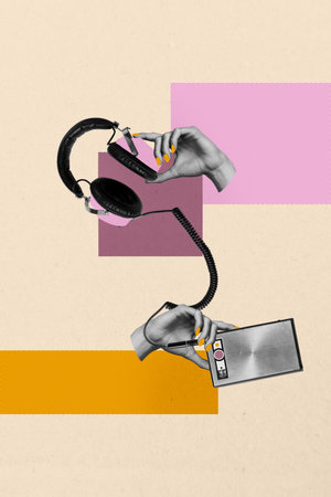 Trendy exclusive 3d vertical artwork collage of human hands hold earphones music playlist retro radio meloman melody wireの写真素材