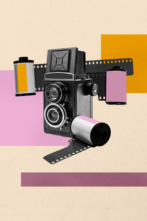 Banner exclusive image collage of retro photo camera author focus lens shooting cadre moment film...