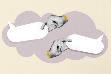 3d zine creative image art collage of hand show bubble communication icon speech conversation talk phrase social media messageの写真素材