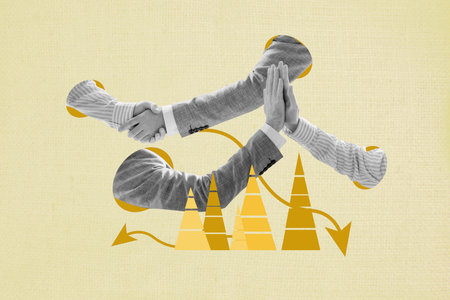 Collage of teamwork and collaboration symbolized by hands pile stack joining together graph arrow designの写真素材