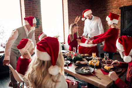 Family and friends celebrate a cozy Christmas dinner at home wearing Santa hats and sharing gifts around a festive tableの写真素材