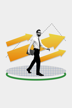 Banner sketch art trend collage of happy businessman walk arrow aim achievement success employee promotion chance conceptの写真素材