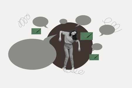 Collage of people chatting through devices with speech bubbles letters showing digital communication business private life conceptの写真素材