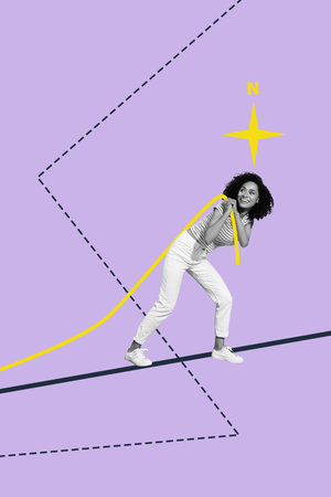 Design 3d artwork pop banner collage of happy girl carry burden line compass lost summer vacation adventure travel conceptの写真素材