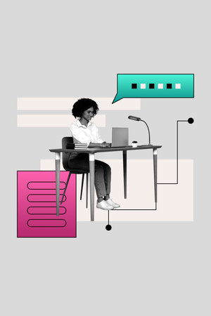 Vertical image artwork pop trend collage of happy manager businesswoman sit table bubble communication programming softwareの写真素材