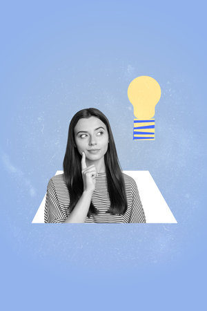 Creative art collage of people standing think on blue background with light bulb paintingの写真素材